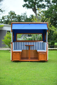 Gosch-Lounge Strandkorb 6-Sitzer Mahagoni PVC Wei&szlig; Dessin Blau/Wei&szlig;